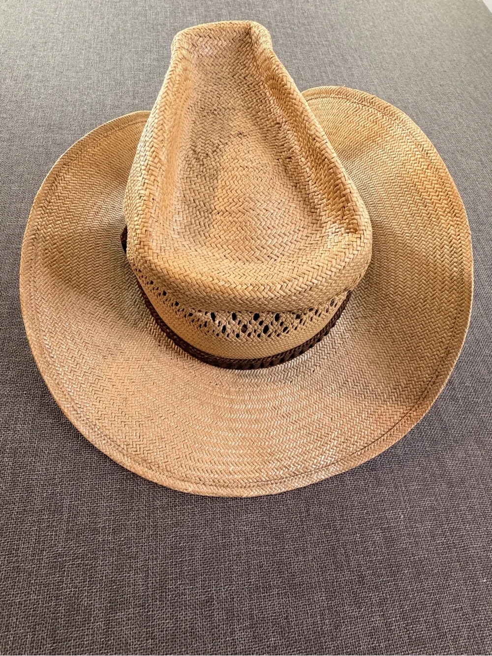 Stetson Vintage Set of 2 Brown Straw Western Hat with Chin Cord Cowboy Unisex